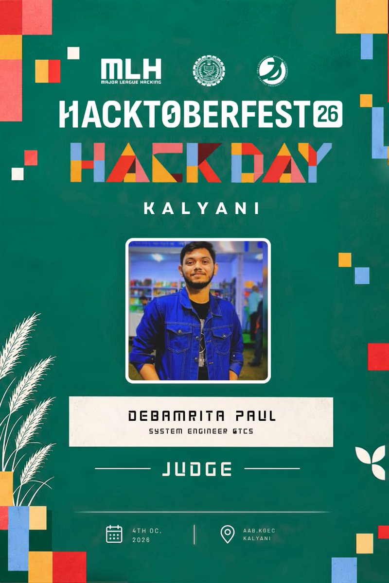 DC_KGEC's tweet photo. 🚨 THE JUDGING PANEL HAS ENTERED THE CHAT.  

The Hacktoberfest ’26 — Hack Day Kalyani judging panel is STACKED. 🔥

👨‍💻 Ankit Kurmi — SRE, RedHat
🧠 Arya Chakraborty — GenAI Executive, CESC
👨‍💻 Debamrita Paul — System Engineer, TCS

And trust us, you’ll want to impress them. https://t.co/UAFS1uTrx1