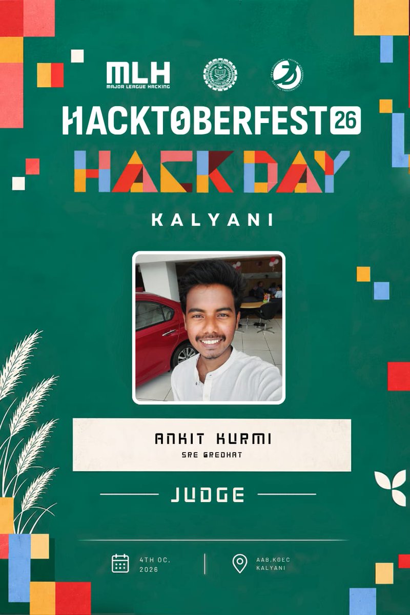 DC_KGEC's tweet photo. 🚨 THE JUDGING PANEL HAS ENTERED THE CHAT.  

The Hacktoberfest ’26 — Hack Day Kalyani judging panel is STACKED. 🔥

👨‍💻 Ankit Kurmi — SRE, RedHat
🧠 Arya Chakraborty — GenAI Executive, CESC
👨‍💻 Debamrita Paul — System Engineer, TCS

And trust us, you’ll want to impress them. https://t.co/UAFS1uTrx1
