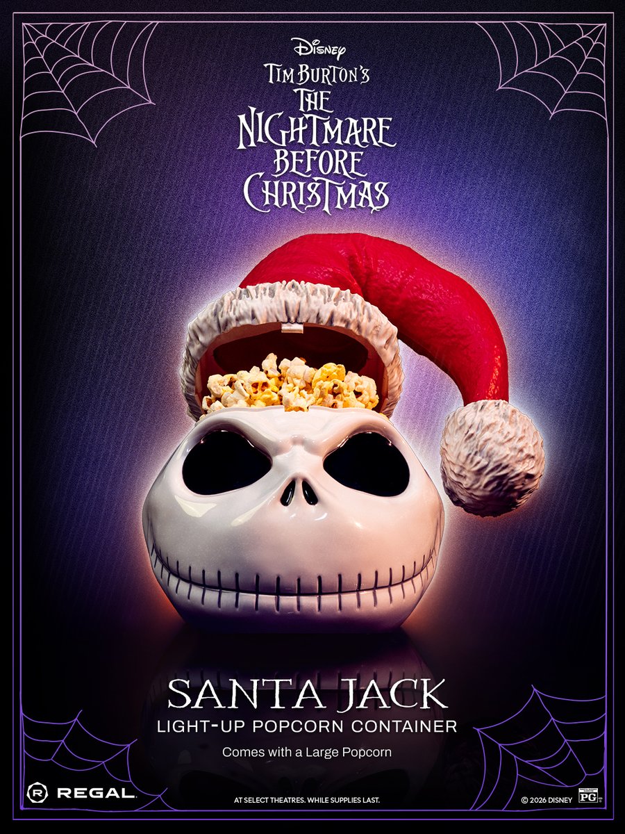 RegalMovies's tweet photo. this is halloween.... 💀🎅 

Tim Burton’s The Nightmare Before Christmas Santa Jack Light-Up Popcorn Container is on sale NOW at select Regal locations! 🎃🎄Get yours while supplies last. https://t.co/xq46HRBb0F