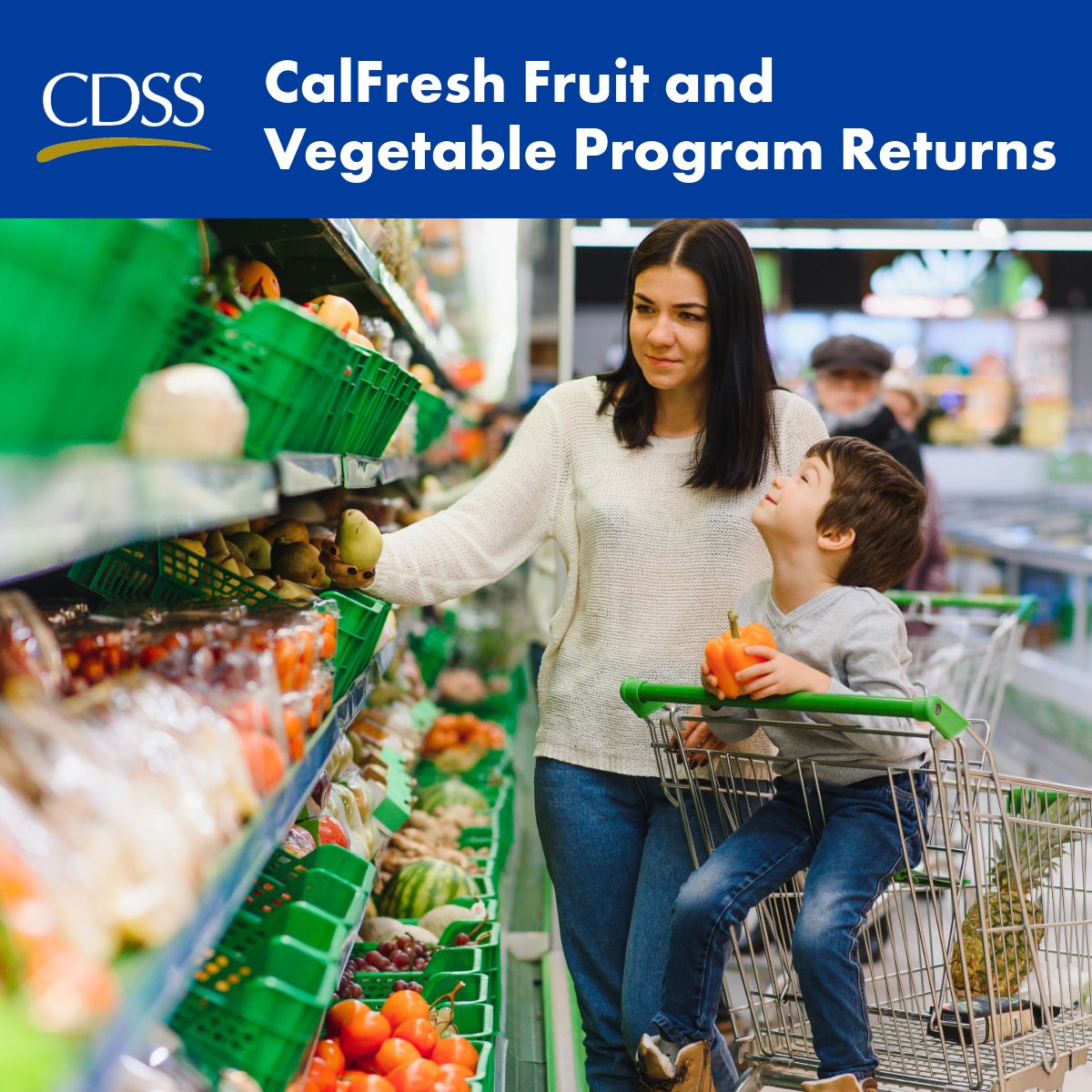 CaliforniaDSS's tweet photo. The CalFresh Fruit &amp; Vegetable Pilot Program is back! People receiving CalFresh can earn up to $60 a month when buying fresh fruits and vegetables at participating grocery stores and farmers markets. Learn more about the program [PDF]: https://t.co/BNQFQd0rXA https://t.co/By7XwOuVGa