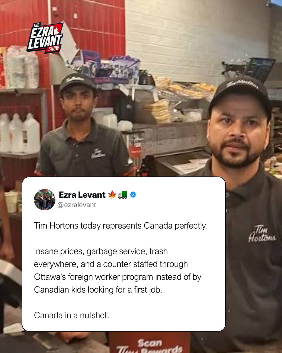 ezralevant's tweet photo. Apparently nobody in Ottawa could find a Canadian to pour a double double.

Every temporary foreign worker at a Tim Hortons needs a federal approval saying no Canadian was available for the job.

Federal data shows 747 new positions approved for Tim Hortons locations in 2024 and 2025 alone.

In May, the company promised to hire 10,000 Canadians and pull back from the program.

You only promise that if the program was doing the hiring.

No Canadian available. For a job pouring coffee.