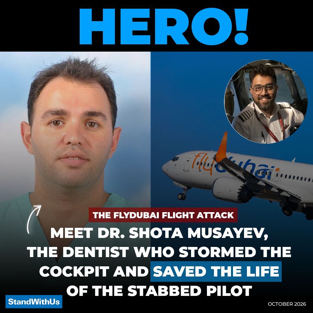 StandWithUs's tweet photo. He ran toward the cockpit to fight. Minutes later, he was fighting to save a life.

When screams broke out aboard flydubai Flight FZ1073, Israeli dentist Dr. Shota Musaev didn't wait for anyone to call him. He ran forward and joined the passengers who overpowered and tied up the attacker - one of four who took control of the situation.

"I came to fight the attacker when I heard the screams," he said.

Then he turned to the wounded captain. Captain Smit Machchhar had suffered deep injuries to his head and hands, and Dr. Musaev was the only medical professional among the passengers. He worked to stop the bleeding as the plane made its way to an emergency landing.

The captain told them he was 39, with two children at home. Thanks to the men who stepped in, he's still here to see them.

A dentist. A plumber. A wounded captain. Ordinary people who ran toward danger. Heroes, each every single one of them. 🇮