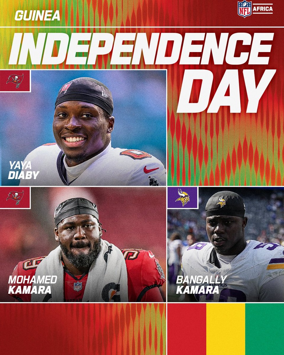 Cherifsowgn's tweet photo. 🏈🇬🇳 La NFL, Ligue de Football Américain, souhaite une bonne fête d’indépendance à la Guinée à travers trois de ses fiers représentants guinéens.

Trois grands ambassadeurs du tricolore national qui font rayonner la Guinée dans l’un des sports les plus suivis au monde. 

Ici en images 👇🏿