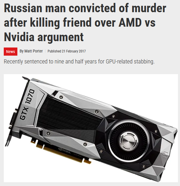 ShitpostRock's tweet photo. The real story of this is even more insane

Two Russians got into an argument over Nvidia vs AMD, and the Nvidia guy hit the AMD guy in the head twice with a kitchen hatchet, stabbed him 11 times, and burned his body

He got 9.5 years in a labour camp https://t.co/gjJxg58iya