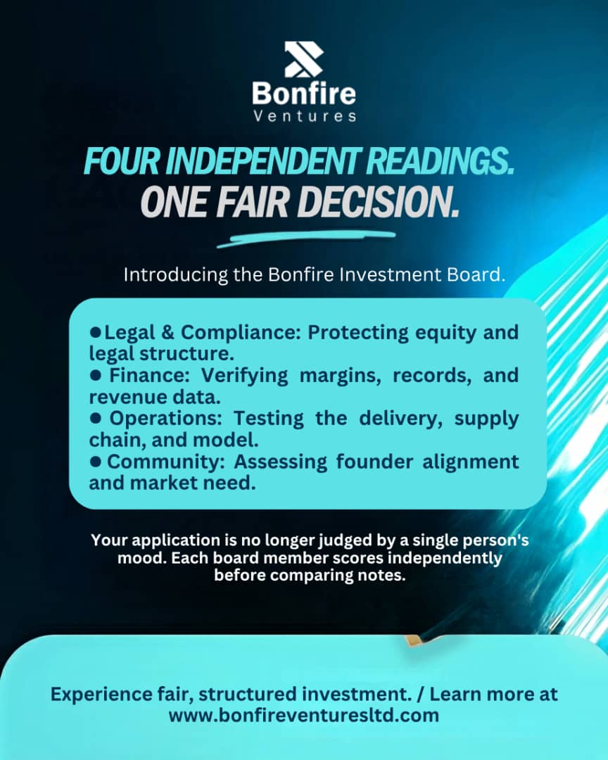BonfireVltd's tweet photo. Investment decisions should go beyond one perspective.

At Bonfire Ventures, our Investment Board considers legal &amp; compliance, finance, operations, and community before reaching a decision.

#BonfireVentures 
#BusinessFunding 
#Entrepreneurship https://t.co/xMXoceISRV