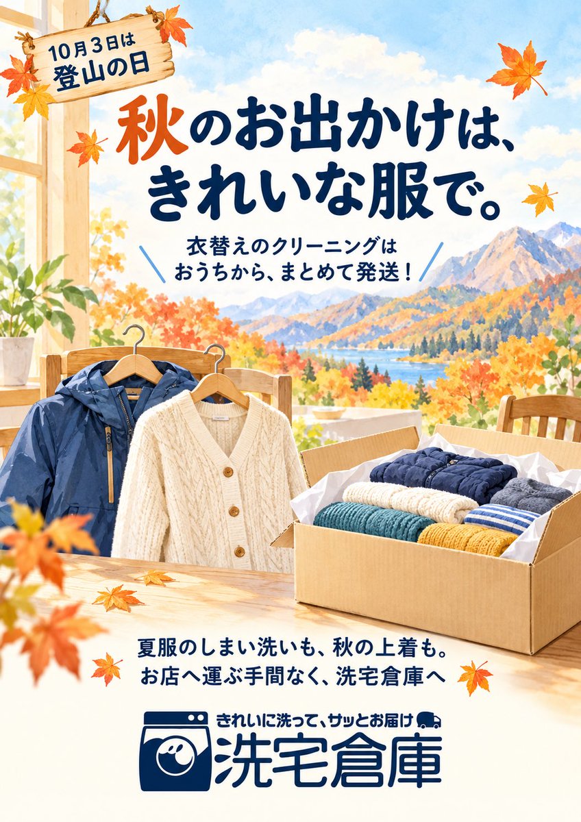 sentakusouko's tweet photo. 10月3日は「登山の日」⛰️

秋のお出かけは、きれいな服で🍁
しまっていたジャケットや上着、着る前にチェックしてみませんか？

夏に活躍した服の「しまい洗い」も、エコークリーニングへ😊✨

#エコークリーニング #登山の日 #衣替え #しまい洗い #秋のお出かけ https://t.co/iu7d8N2CWS