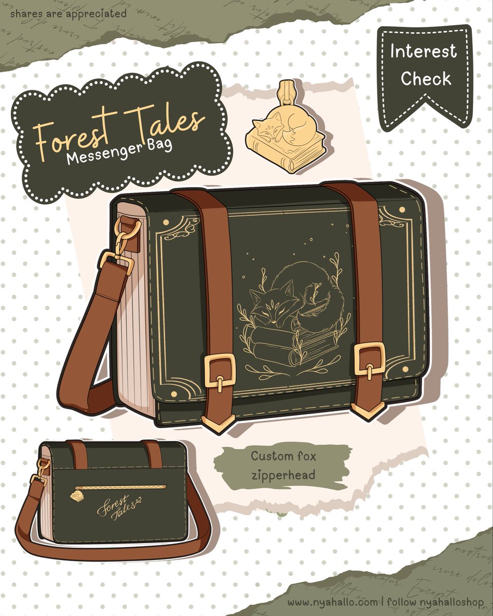 NyahalloShop's tweet photo. Forest Tales Messenger Bag interest check!

This whimsical bag features deep forest green with warm brown straps, gold hardware, a sleeping fox resting on a stack of books, and vintage book-inspired detailing throughout. 

Let us know in the comments if you wanna see this bag made!

QOTD: Would you rather see this bag in a LARGER book-carrying size or a SMALLER everyday size? This is very important to us! 🫰