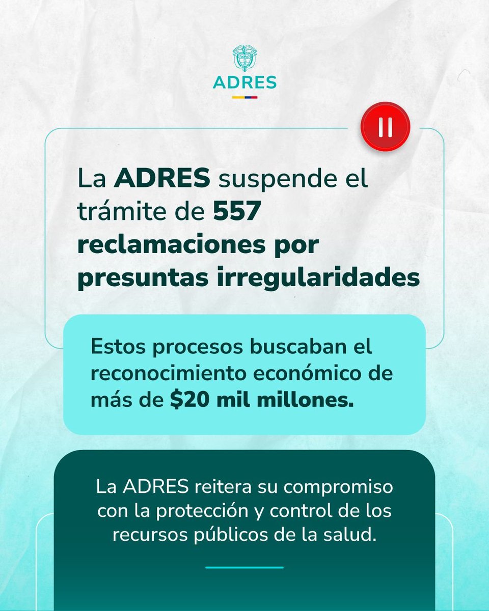 AdresCol's tweet photo. La #ADRES suspendió el trámite de 557 #reclamaciones por más de $20 mil millones 🔔 
Encontramos irregularidades en las solicitudes por indemnización de muerte de presuntas víctimas de actos terroristas. El director general de la entidad, Iván Sánchez, puso en conocimiento de la Fiscalía General los hechos.
🔗 https://t.co/4H9MXPk4NM