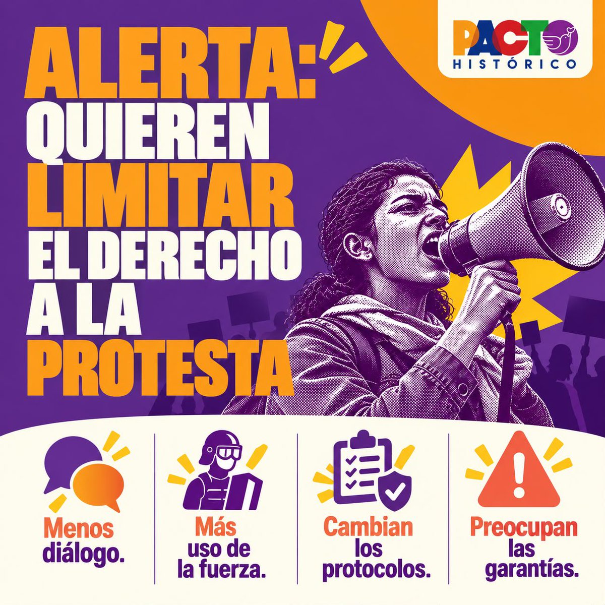 PactoCol's tweet photo. 🚨ABELARDO REVIVE EL DECRETO DE DUQUE PARA REPRIMIR LA PROTESTA
 
El Ministerio del Interior publicó un proyecto de decreto que modifica el Decreto 003 de 2021 y permite a la Policía intervenir en protestas sin agotar las etapas de diálogo y mediación. El texto establece que si se detectan "armas de fuego, armas cortopunzantes, explosivos o artefactos incendiarios" desde el inicio de la manifestación, la obligación del diálogo "se entenderá resuelta" y la Policía podrá actuar "sin dilaciones innecesarias".‌‌
 
Los cambios más graves:

🟠Se pueden saltar los tres primeros niveles de actuación: facilitación, diálogo directo y mediación.‌

🔵La Policía estará a solo 4 metros de los manifestantes, como "dispositivo de acompañamiento".‌

🔴Se elimina la obligación de agotar el diálogo antes de usar la fuerza.