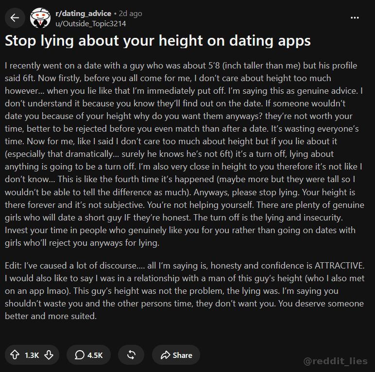 reddit_lies's tweet photo. Lord knows she would have swiped left if he had put 5'8" in his profile. https://t.co/tMyqEtu7ki