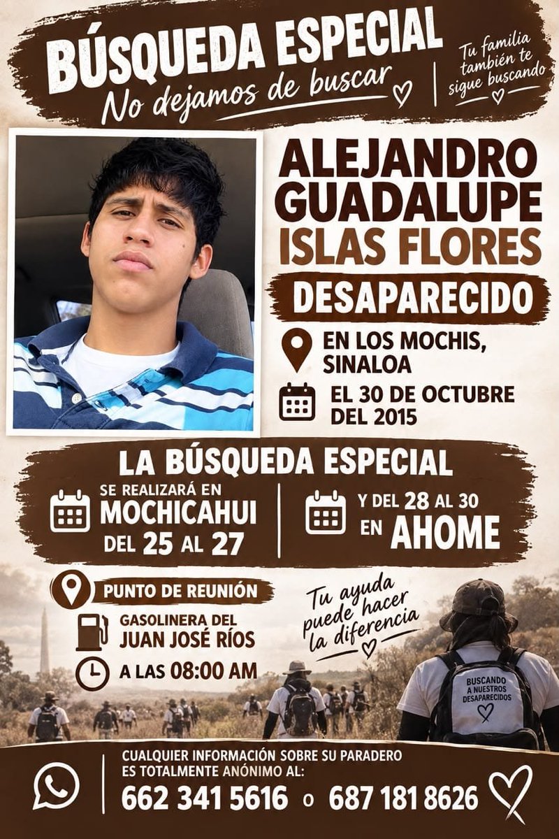 CeciPatriciaF's tweet photo. Mi hijo amado 

Terminan seis días de búsqueda. Seis días de caminar, de escarbar, de preguntar y de aferrarnos, una vez más, a la esperanza de encontrarte.

Han pasado 3,988 días desde que desapareciste.
3,988 días sin mirarte, sin abrazarte, sin escuchar tu voz y sin saber dónde estás.

Hijo si de alguna manera puedes sentirnos, quiero que sepas que te amamos y seguimos aquí. El tiempo no ha borrado tu nombre ni ha disminuido nuestro deseo de encontrarte.

Soy tu madre y hay una promesa que llevo conmigo desde aquel día: no dejar de buscarte.

Gracias a las compañeras buscadoras que durante estos seis días caminaron a nuestro lado, compartiendo el cansancio, el dolor y la esperanza.

Gracias a mi familia, que desde el primer día ha permanecido firme. Hemos atravesado casi once años de incertidumbre, pero seguimos unidos por el mismo propósito: encontrarte

Y gracias de corazón a quienes hicieron posible esta jornada:
Comisión Estatal de Búsqueda de Personas de Sinaloa – Zona Norte, Comisión Nacional de Búsqueda, Guardia Nacional, SEDENA y Policía Estatal.policia municipal de Juan José Ríos Sinaloa 

Gracias por no quedarse al margen. Por ponerse los guantes, tomar el pico y la pala y buscar con nosotros. En medio de tanto dolor, encontrar empatía y compromiso también nos da fuerza.

Hoy termina una jornada, pero nuestra historia contigo continúa.

Alejandro, donde quiera que estés, recuerda esto:

Tu madre  te ama.
Tu familia te espera.
Y mientras exista una posibilidad de encontrarte, iremos por ti.

Hasta encontrarte, hijo te amo por 
Siempre. 🤍si alguien tiene alguna información verídica sobre su paradero pueden hacer su llamada anónima al número 6623 41 56 16