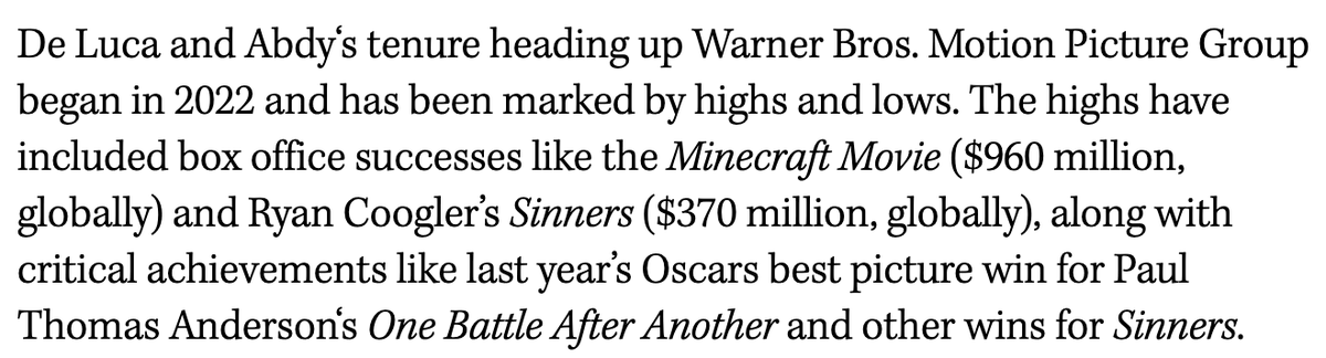 ddayen's tweet photo. Skydance's first move: get rid of the execs who greenlit Sinners, OBAA and Weapons.
The business side of this merger is going to be darkly hilarious
https://t.co/bN31O57tSY https://t.co/BwiQOQ1Rfl