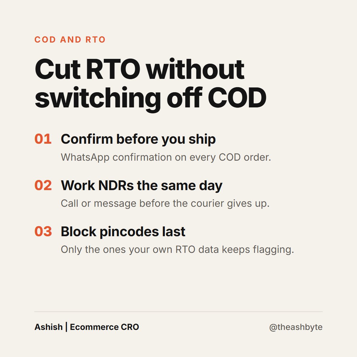 theashbyte's tweet photo. Don't kill COD to fix RTO. You lose the good COD buyers along with the bad ones.

Fix it in this order:

1. Confirm every COD order on WhatsApp before it ships
2. Chase NDRs the same day, not when the courier returns it
3. Only then block the pincodes that keep coming back https://t.co/F7UlJQvckX