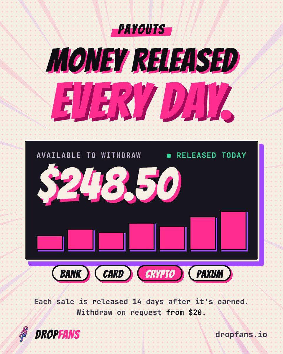 dropfanshq's tweet photo. after your first two weeks, money releases every single day.

withdraw from $20 to bank, card, crypto or paxum. https://t.co/zqs63aNg0g