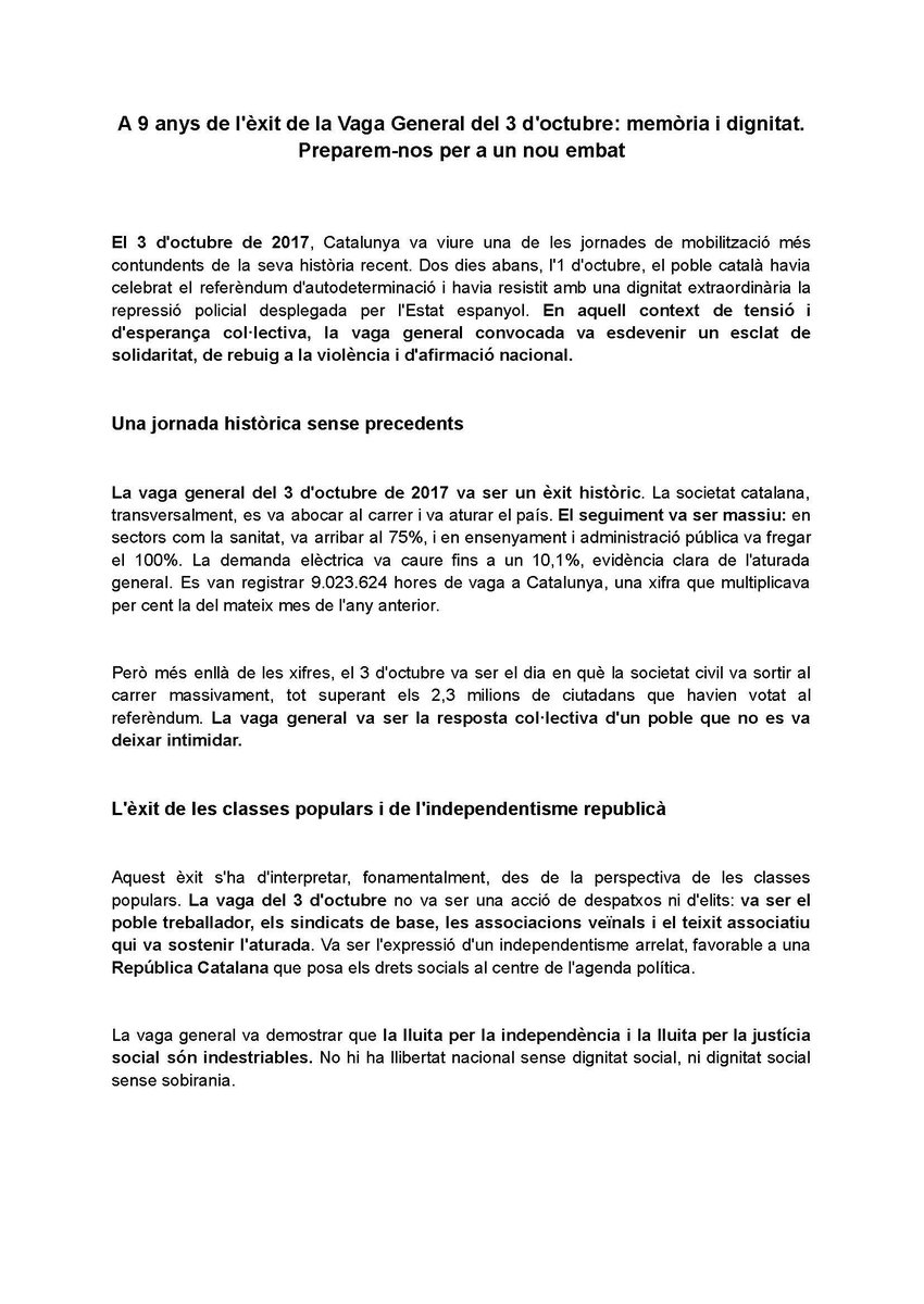 TreballadoraxI's tweet photo. A 9 anys de l'èxit de la Vaga General del 3 d'octubre: memòria i dignitat.
Preparem-nos per a un nou embat

El 3 d'octubre de 2017, Catalunya va viure una de les jornades de mobilització més contundents de la seva història recent.

@assemblea @assembleajoves_ https://t.co/wjarTaLbe0