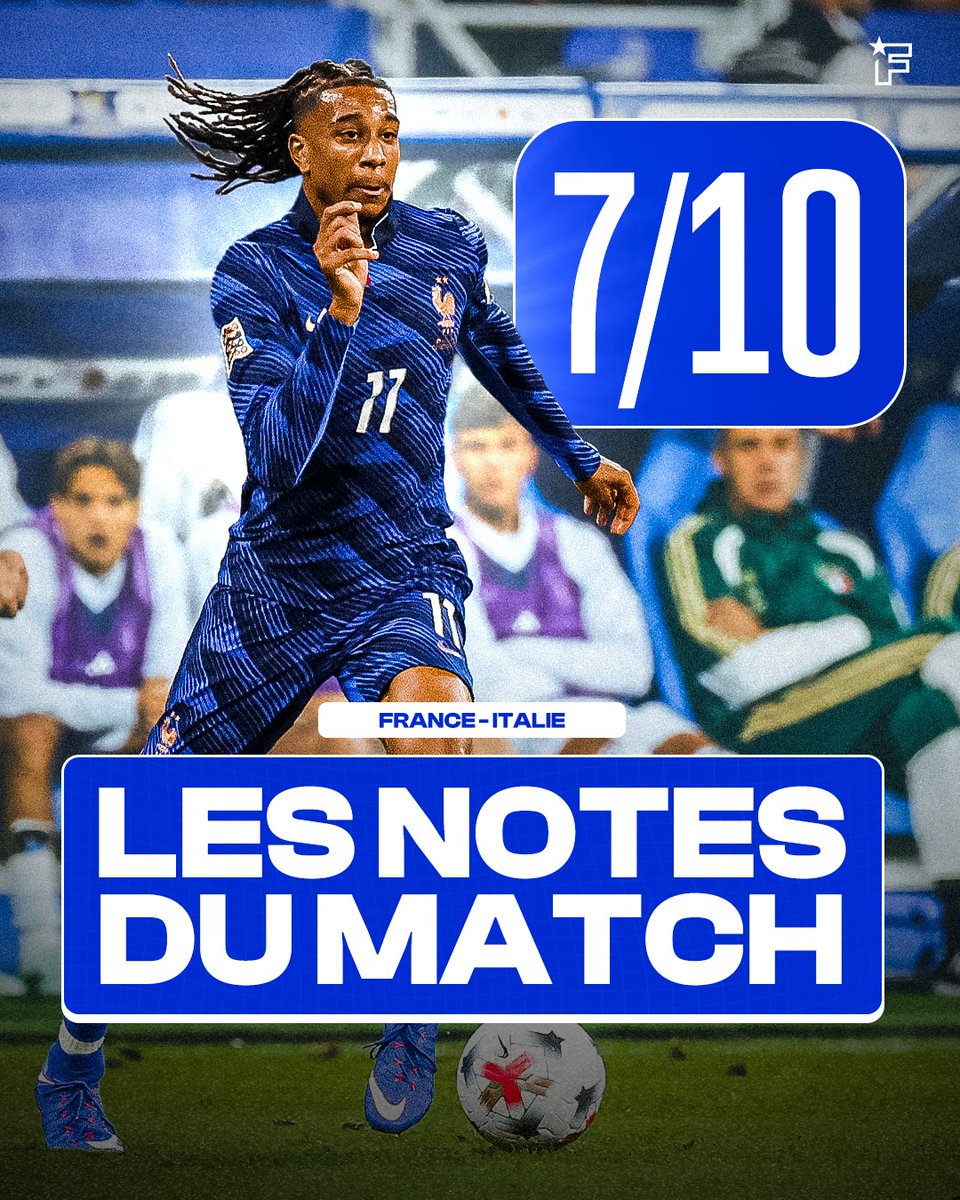footmercato's tweet photo. 🇫🇷 France - Italie 🇮🇹 : les notes du match !

Pour la première de Zidane au Stade de France, les Bleus ont été accrochés par l’Italie (1-1). 🇮

⭐ Olise (7) a été le Français le plus inspiré et a notamment inscrit le but tricolore d’un magnifique coup franc joué à deux avec Cherki.