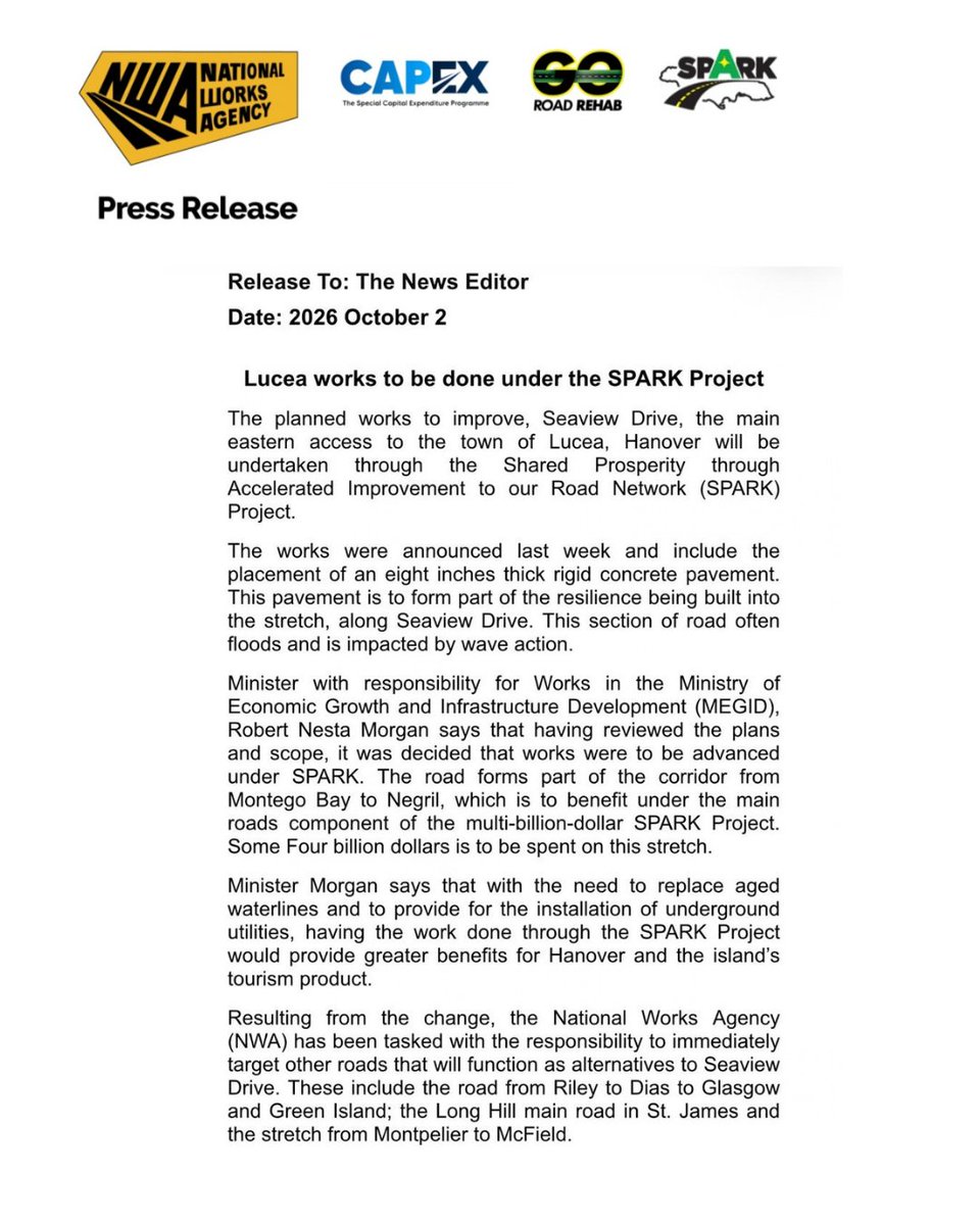 NWA_JA's tweet photo. #NWAUPDATE 📣

Lucea works to be done under the Shared Prosperity through Accelerated Improvement to our Road Network (SPARK) ⚒️🏗

Please see the release 👇🏾 for more information 

#nwajamaica 
#lucea
#SparkJamaica 
#askspark https://t.co/k326XbjvfN