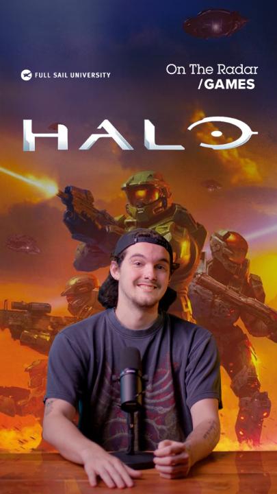 A promotional image featuring "FULL SAIL UNIVERSITY" and "On The Radar /GAMES" text, showing a man at a microphone in front of a Halo video game backdrop.