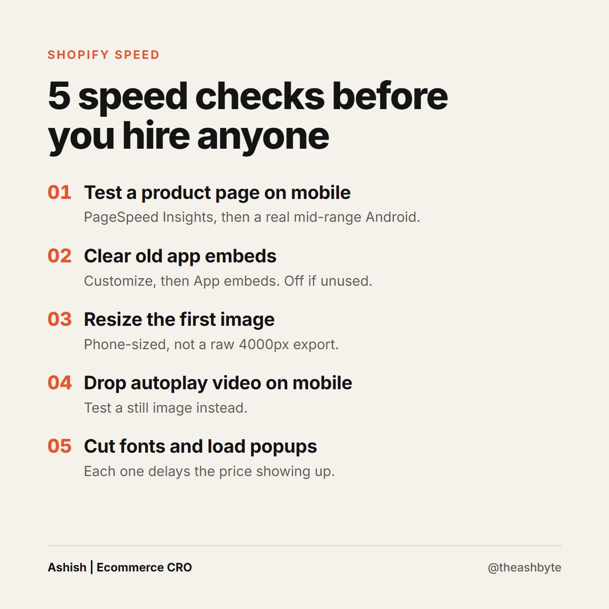 theashbyte's tweet photo. Before paying someone to speed up your Shopify store, check these on your best-selling product page, on mobile:

1. App embeds still on for apps you removed
2. A 4000px hero image
3. Autoplay video above the price
4. Extra fonts and popups on load

Most need no code. https://t.co/g1nIc40Qbz