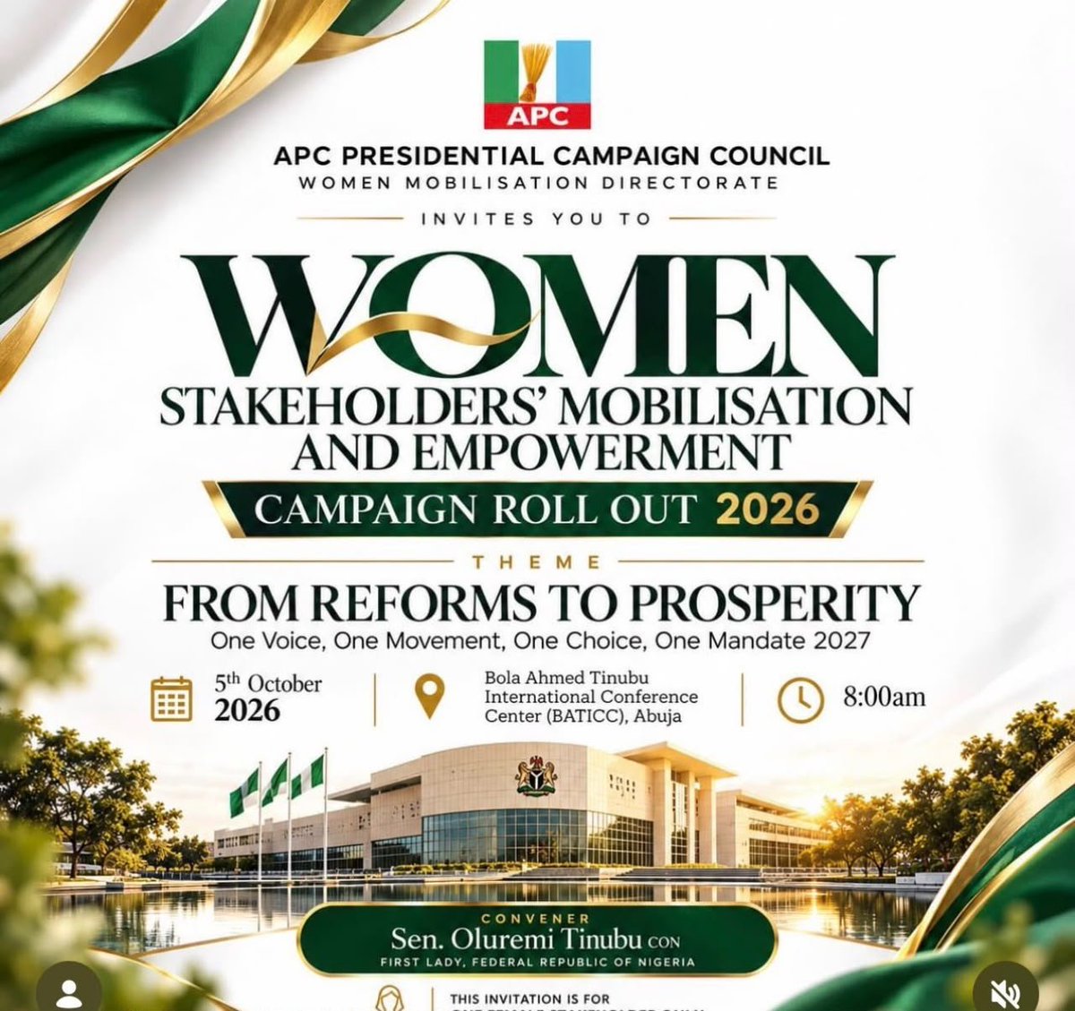 Haneenyt11's tweet photo. Join the Women Stakeholders’ Mobilisation and Empowerment Campaign Rollout 2026, themed “From Reforms to Prosperity.
October 5, 2026 | 8:00 AM
BATICC, Abuja
One Voice, One Movement, One Choice, One Mandate 2027
#APC #WomenMobilisation #Mandate2027 https://t.co/Drvi5DiZW3