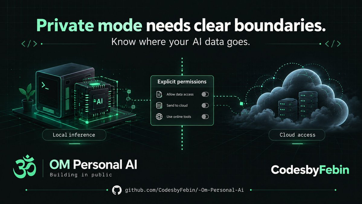 Codesbyfebin's tweet photo. “Private mode” should change where your data goes—not just the interface.
While building OM Personal AI, I’m exploring clearer boundaries between local inference and cloud access.
What would you check before trusting a private AI workspace
https://t.co/9GSBhwvglE
#codesbyfebin https://t.co/3SdyF5CM52