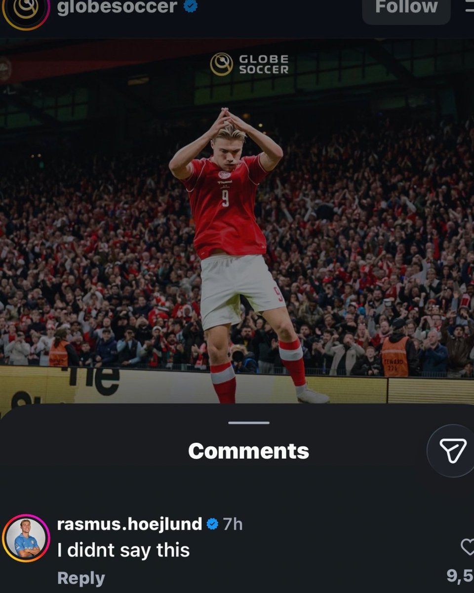 WinnaFC's tweet photo. 🚨| BREAKING: Rasmus Højlund denied a fake quote posted by Ronaldo’s agent media, Globe Soccer, claiming his celebration yesterday was to back Cristiano Ronaldo. ❌😳 https://t.co/lchYNtV7o5