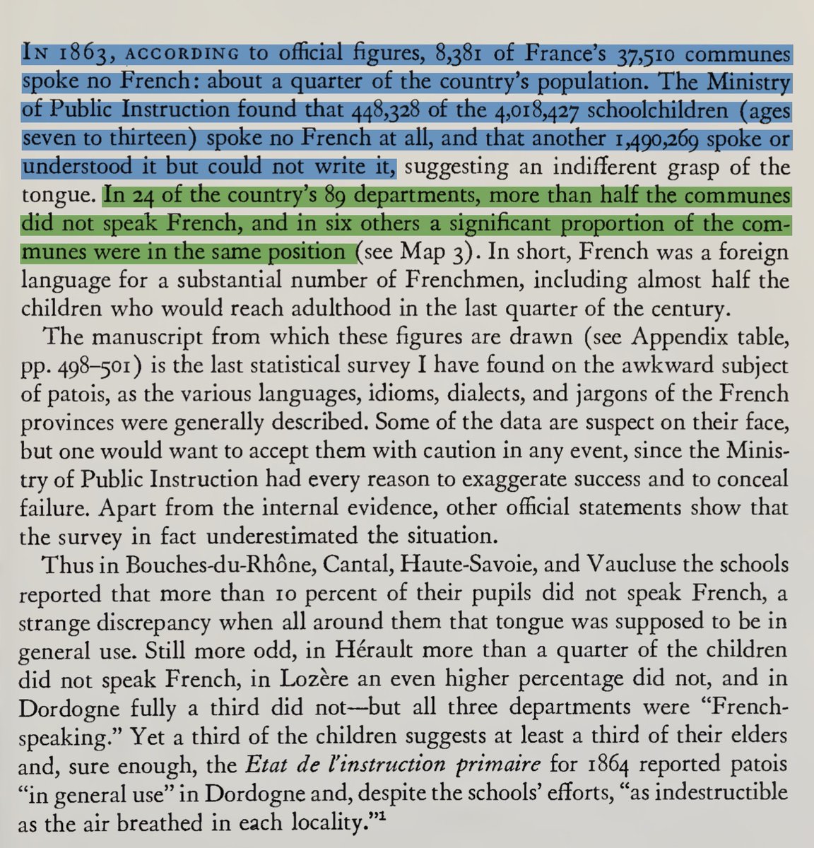 JhalaZalimSingh's tweet photo. “Peasants into Frenchman”

Still nowhere near finishing that bigass book but amazing read on French dehat &amp; how they hated the next village, how French was not spoken by a large chunk + dominance of dialect till 1900s, how they rebelled at the drop of a hat &amp; other issues. https://t.co/EwPY4DSpC4