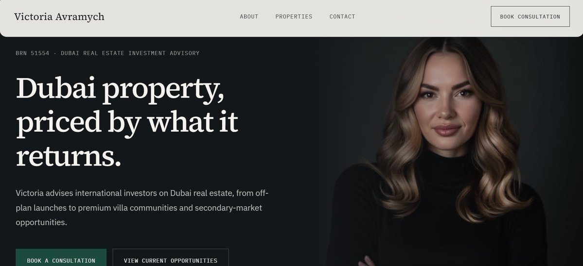 BaharAtarodi's tweet photo. Built my first real estate website concept for a Dubai advisor.

The goal: 
a one-page experience that showcases the person behind the listings, builds trust, and makes it easier for clients to connect.

Learning by building.

https://t.co/v0fxPxQMrO https://t.co/UielVVomhI