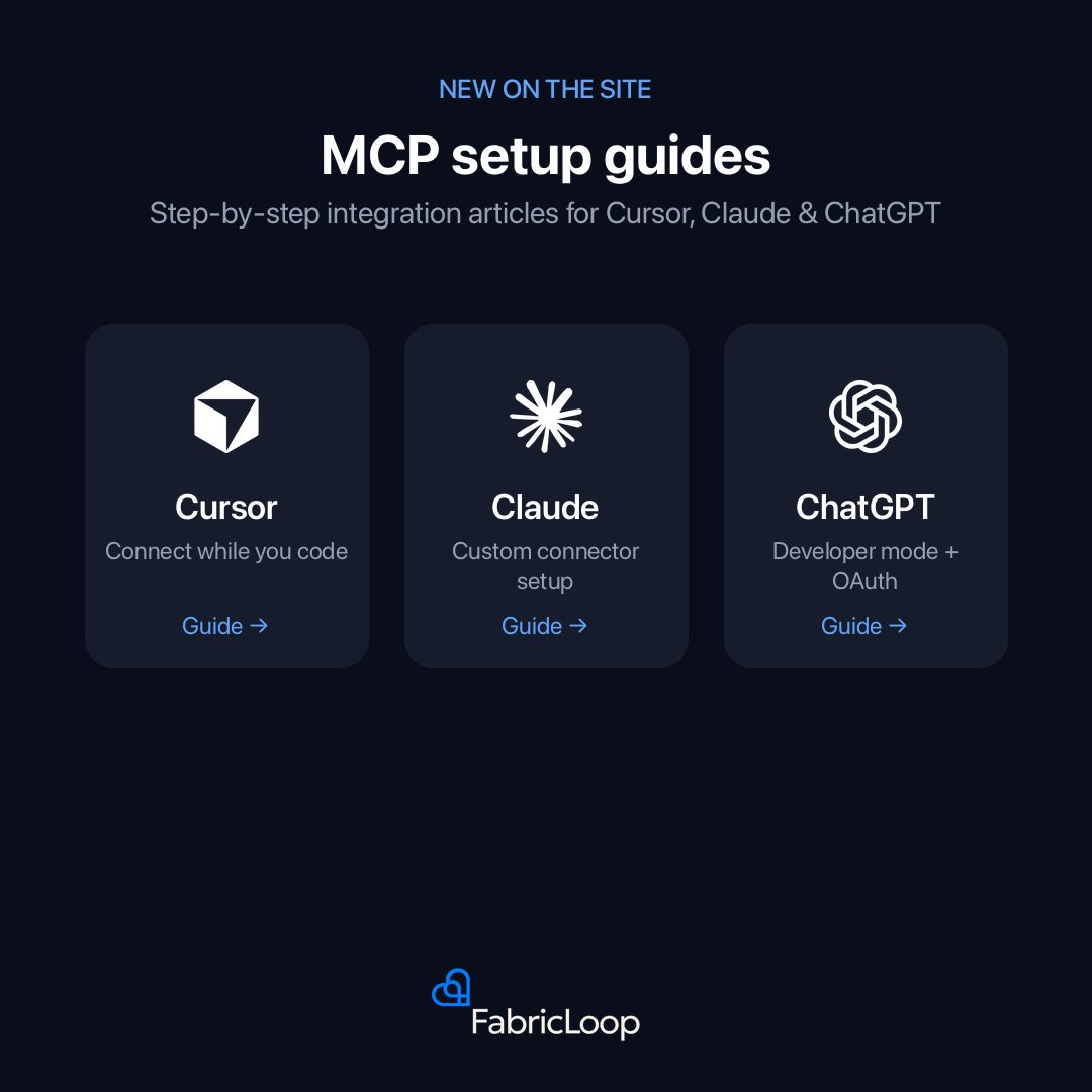fabricloop's tweet photo. New on the site: MCP setup guides for Cursor, Claude &amp; ChatGPT.

Step-by-step integration articles — connect in about two minutes.

https://t.co/msCDUxFN9v https://t.co/x6ZGHuyvZC