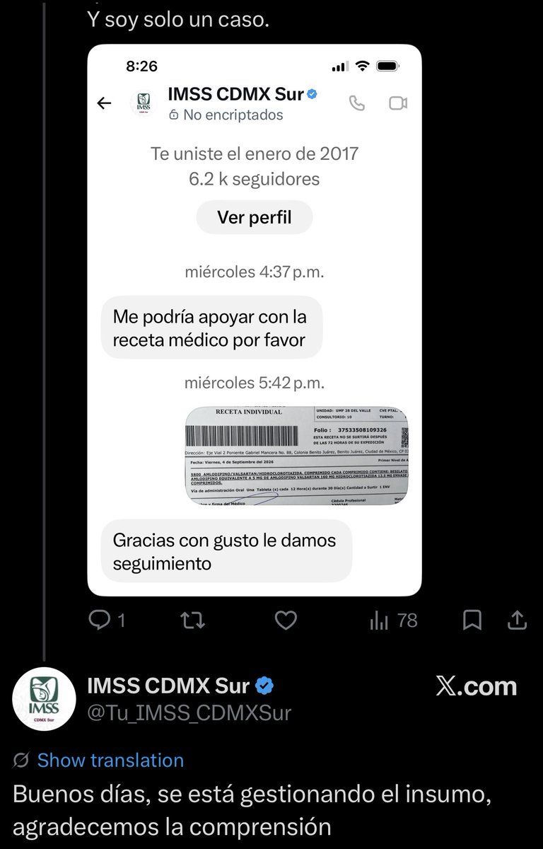 StratCons's tweet photo. Un paciente con hipertensión arterial reclama a @Tu_IMSS_CDMXSur que lleva cuatro días sin que le surtan sus medicamentos.
IMSS le dice que "se está gestionando el insumo" (lo que quiera que eso signifique).
Es hipertensión, enfermedad crónica y los dos tratamientos baratos.
🙄 https://t.co/YwvX9oWaOp