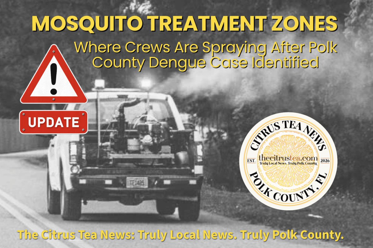 thecitrustea's tweet photo. A locally acquired dengue case is confirmed in Polk County as Mosquito Control ramps up truck and helicopter spraying, plus the full list of where crews have sprayed. 📷

https://t.co/vfJioYu3jV

#PolkCounty #Davenport https://t.co/9gl9kMIwHy