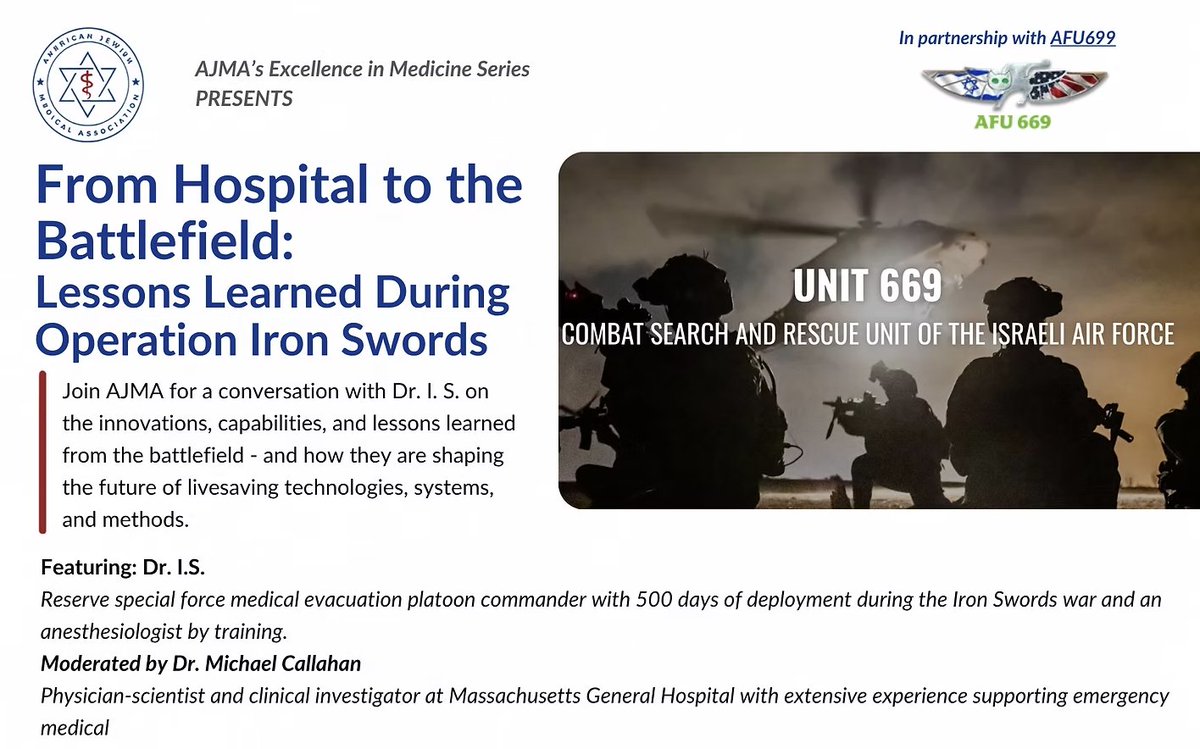 TheAJMAofficial's tweet photo. What does it take to save lives when there's no hospital, no backup, and no room for error?

In partnership with AFU669, join us for a conversation with a reserve Special Forces Medical Evacuation Platoon Commander and trained anesthesiologist who spent 500 days deployed during #OperationIronSwords. He’ll talk about the innovations born from necessity – and what they mean for the future of emergency and battlefield medicine. 

RSVP today: https://t.co/ckTZeuLAvF