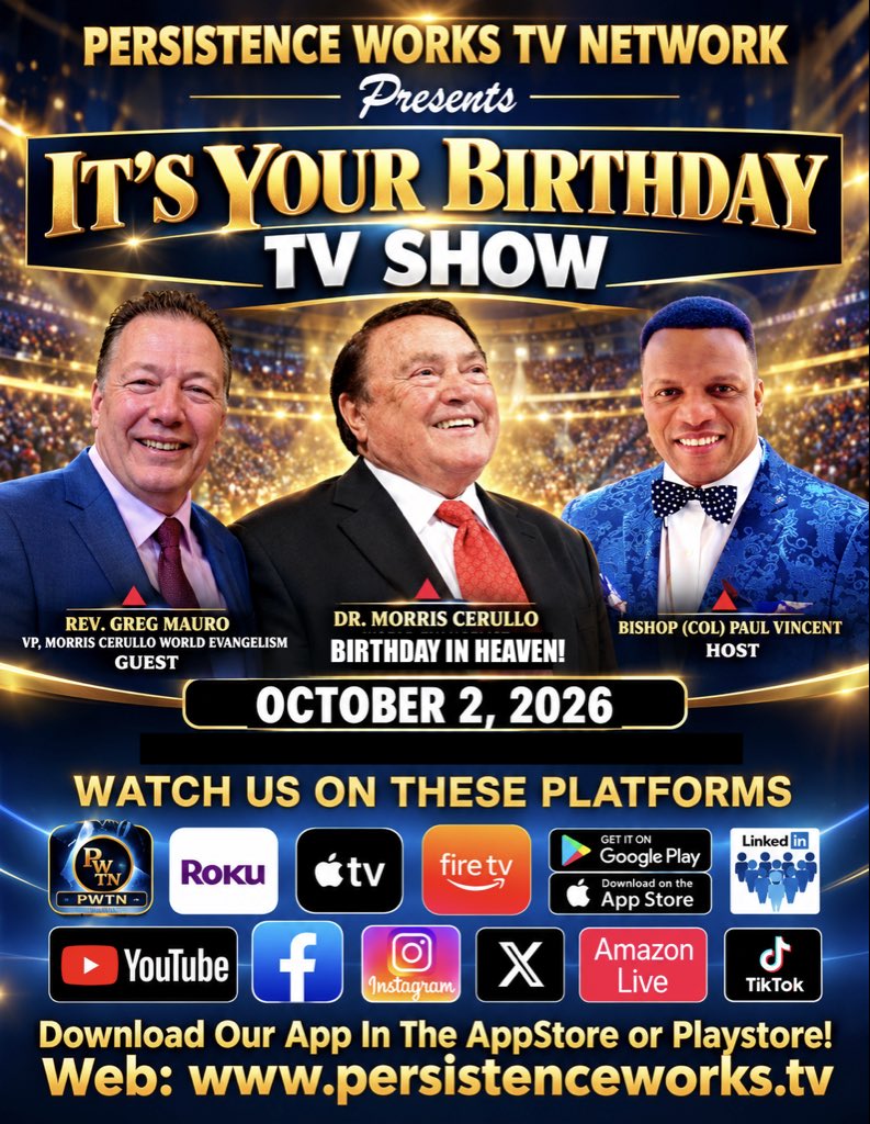 BishopColPaul's tweet photo. IT'S YOUR BIRTHDAY TV SHOW: 
WITH: BISHOP (COL) PAUL VINCENT
GUEST: REV GREG MAURO, VP, MCWE

CELEBRATING THE LIFE & LEGACY OF DR. MORRIS CERULLO

Today We Celebrate His Life, Legacy & Birthday in Heaven! Happy Birthday Papa Morris Cerullo! Keep Resting In Glory!  …Watch My TV Interview With Rev. Greg Mauro, Vice President, Morris Cerullo World Evangelism, as we Talk About The Legacy of Dr. Morris Cerullo & His Legacy Center In San Diego CA! Don’t Miss This! 

*Web:  https://t.co/MCWGUmQnUm