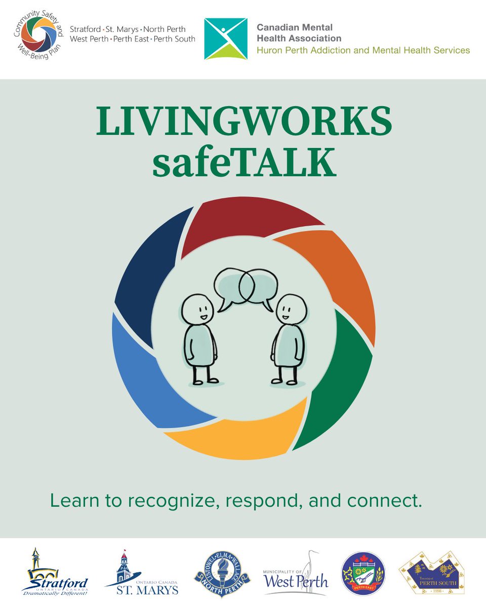 PerthCounty's tweet photo. This World Mental Health Day, CSWB &amp; CMHA are offering free LivingWorks safeTALK training for adults 18+ throughout Oct. &amp; Nov. in St. Marys, Listowel, Mitchell, Stratford &amp; Milverton. Space is limited! Register: https://t.co/ZYqiv9pFdj https://t.co/0xaUcZSdsf