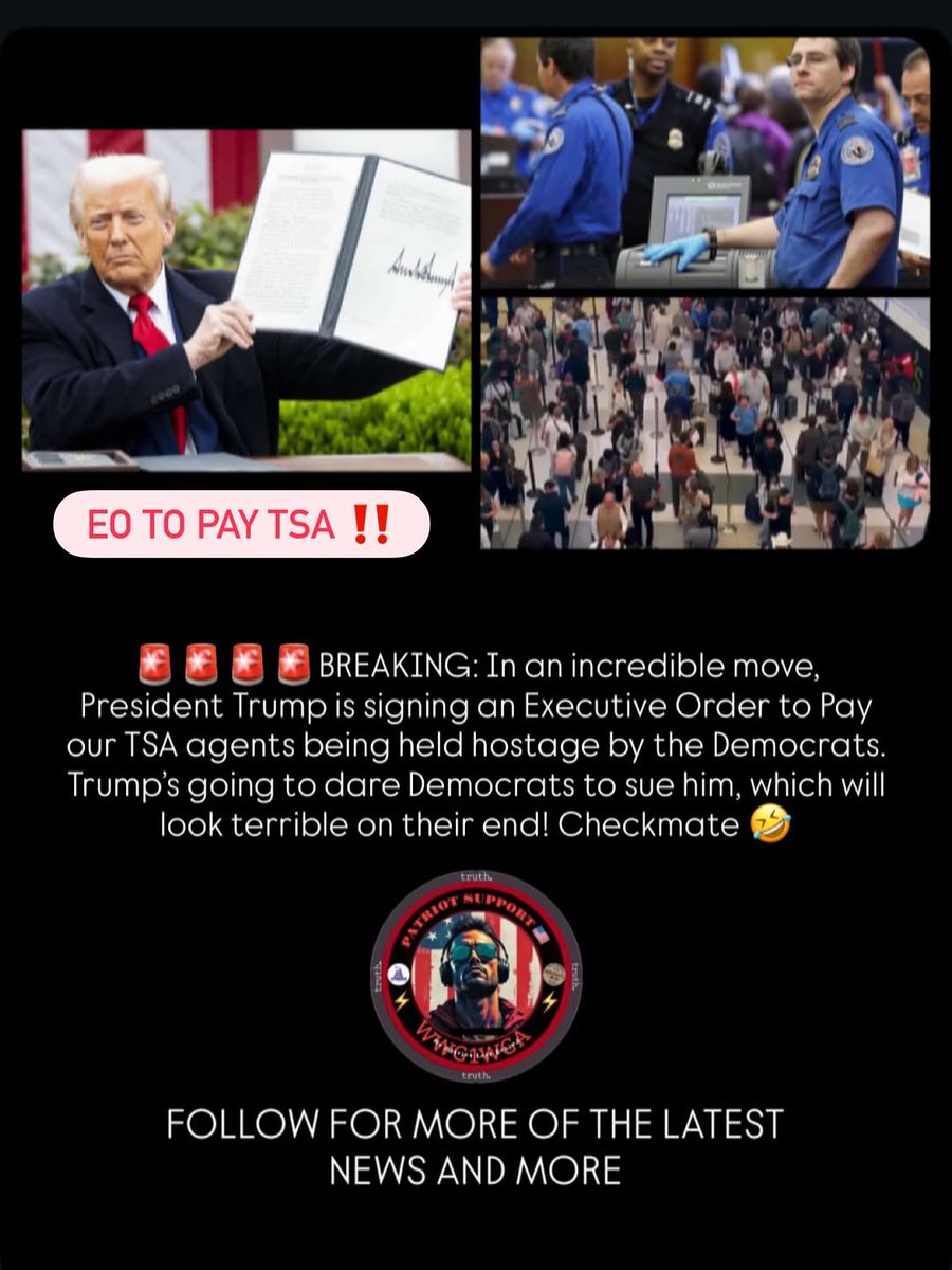 JuamYapu's tweet photo. An Executive Order is being signed by President Trump to pay the TSA while Congress departs for a 14-day paid vacation. https://t.co/xyPDXmOk4V