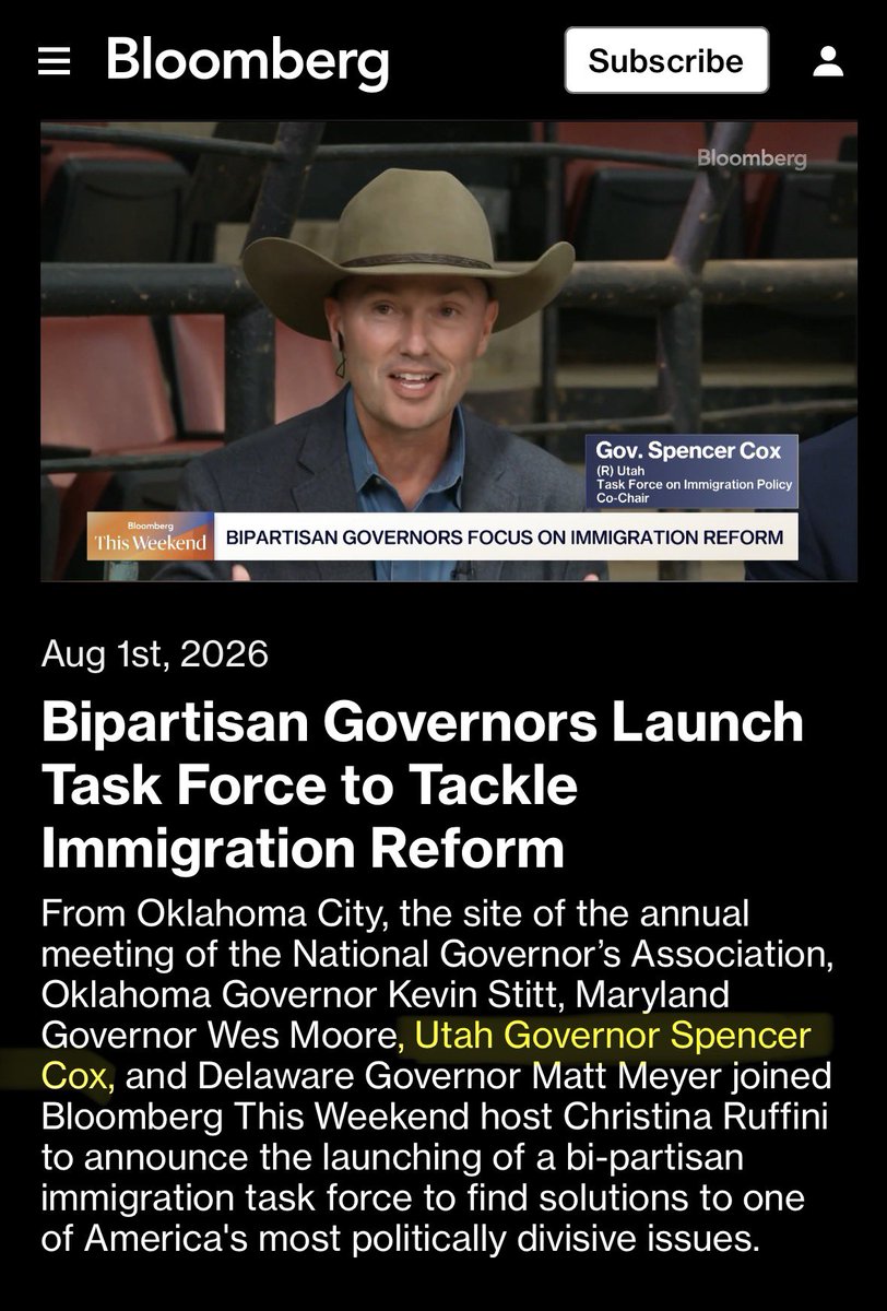 SophieAnde49073's tweet photo. You can’t distrust Utah “Republicans” enough. 

Spencer Cox is co-chairing an NGA immigration task force with Democratic governors Wes Moore and Matt Meyer to push Congress for more migrant work permits and state power to issue them. 

He calls it reform now that the border is tighter. 

🚨It is a bipartisan scheme  to expand foreign slave labor for agriculture, construction, and hospitality to replace Americans and Utahns.🚨

Cox also declined to defend ICE’s enforcement record.

These Utah “Republicans” work in tandem to destroy Utah - this task force’s goals track with Sen. John Curtis’s bill for a voluntary state-sponsored visa program letting states expand temporary migrant workforces.