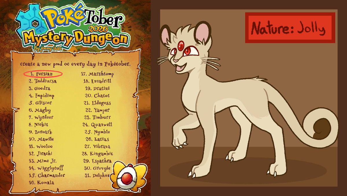 C_cryptid's tweet photo. Im a day late because im only JUST coming back to twitter, but trying to do #Poketober this year. Each mon will also get a random nature for design flavoring.
Today, a Jolly #persian 
-
#PokemonMysteryDungeon #digitalartㅤ #furryartist https://t.co/ZoXM5SYwcH