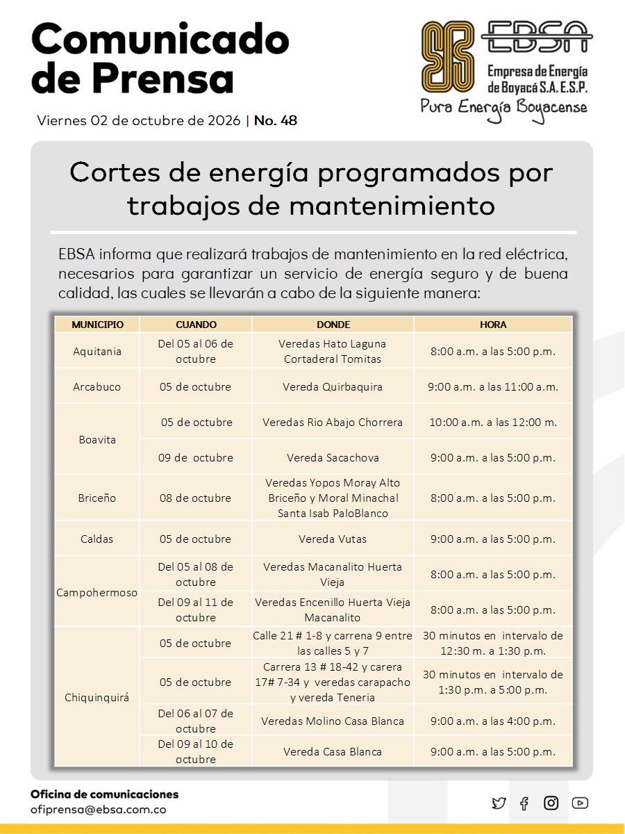EBSApuraenergia's tweet photo. 🛠️⚡#CortesEBSA | Para seguir brindándote un servicio de energía más seguro, estable y confiable, realizaremos interrupciones programadas en los próximos días. https://t.co/Hz2e28G4ty
