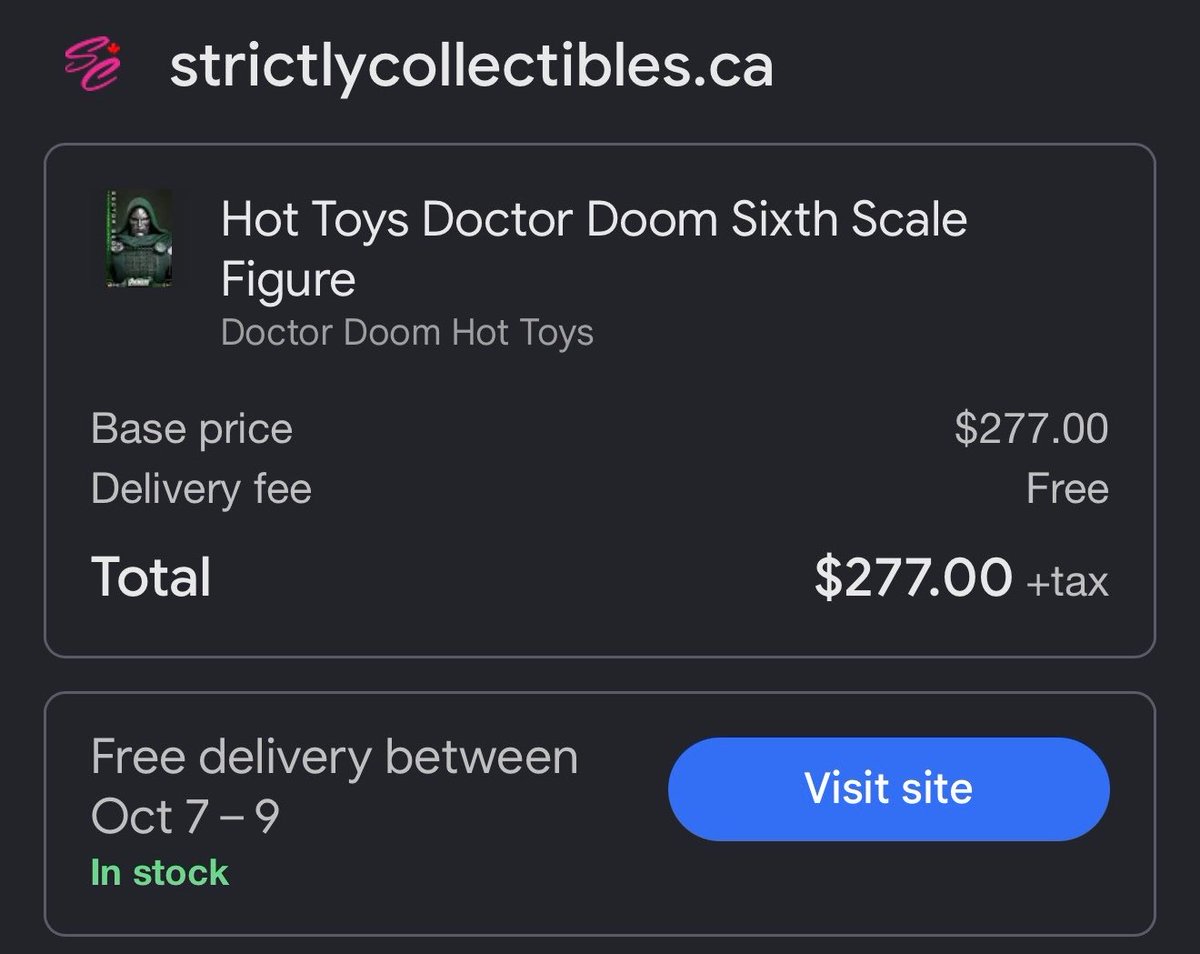 ProjectHurts's tweet photo. It seems like Hot Toys Doctor Doom 1/6 scale is going to start shipping sometime October.

On strictly collectibles, it says that Hot Toys Doctor Doom will ship/deliver between October 7-9 when on Google. However, when you press the link, the date disappears. But, when I check ebay, it also says October 7-9. 

I might have to pull the trigger now. If I wait that shit gonna be GONE and listed at a ridiculous price elsewhere. 😭

#AvengersDoomsday
