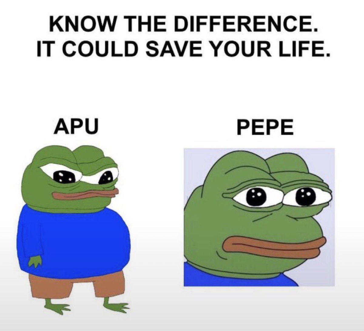 Apumemeonsol's tweet photo. Do you know the difference between PEPE and APU?

They look similar but come from different parts of internet culture.

Apu Apustaja from Finnish image boards similar to 4chan. Apu is more innocent, helpful, and childlike with larger more expressive eyes.

$APU vs $PEPE https://t.co/jAzaWbWcFm