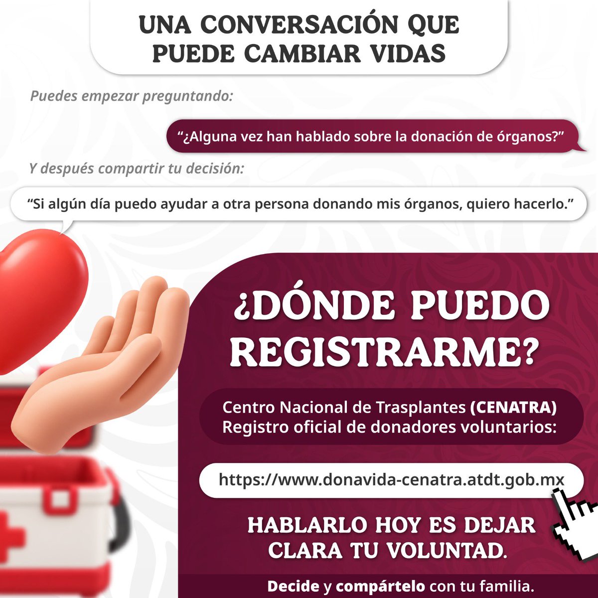 RockAvilaISSSTE's tweet photo. Decidir ser donador es un acto de amor y solidaridad que puede dar una nueva oportunidad de vida a quien más lo necesita.
El paso más importante se da conversando en familia.  

Si quieres sumarte y dejar clara tu voluntad, sigue estos 4 sencillos pasos:  

➡️ Desliza para conocer 
la información ℹ️ 
  
🔗 Realiza tu registro hoy mismo en el Centro Nacional de Trasplantes (CENATRA) a través del enlace oficial: https://t.co/Be5ktYU0IH 

#ISSSTE #DonaciónDeÓrganos