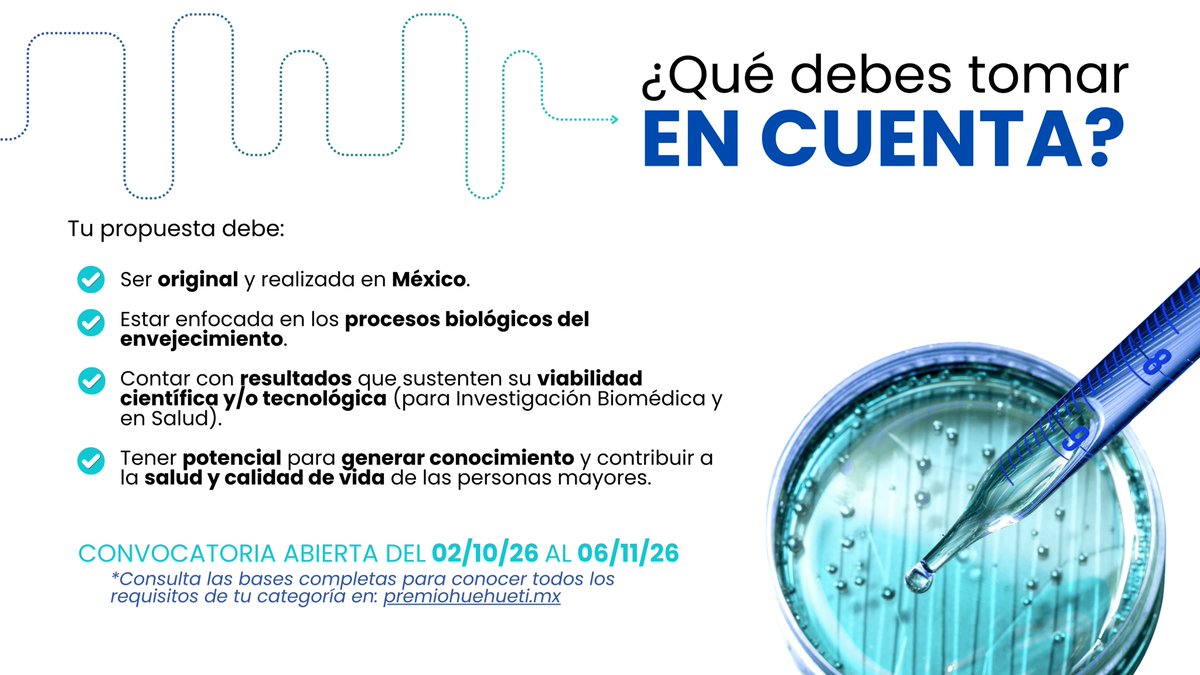 GrupoNeolpharma's tweet photo. 🧬¡Abierta la convocatoria del Premio Huehuetl 2026!
Si investigas sobre envejecimiento, prevención de enfermedades o salud, postula tu proyecto en https://t.co/40JgailWas
📅 Del 2 de octubre al 6 de noviembre de 2026. 👉
#PremioHuehuetl #DistritoTlalpan #Neolpharma #Cinvestav https://t.co/jO154wLm1i