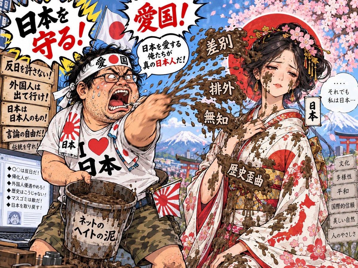 vplusasia's tweet photo. 「日本を守る！」
「日本を愛している！」

と叫びながら、

その手で
差別、排外、無知、歴史歪曲という泥を
日本自身の顔に投げつけている。

それ、本当に「愛国」なんですか？🤣

日本を大切にしたいのなら、
まず日本の顔に泥を塗るのを
やめた方がいいですよ。 https://t.co/lDthn0aesR