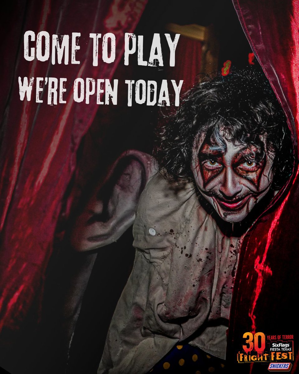 SF_FiestaTexas's tweet photo. Rain, rain, go away - monsters want to play today! 😈 We're OPEN tonight for Fright Fest! Join us in the fog for scare zones, mazes, shows &amp; more from 5 PM-11 PM. #FrightFest #SanAntonio #SixFlagsFiestaTexas https://t.co/7wknPcohiT