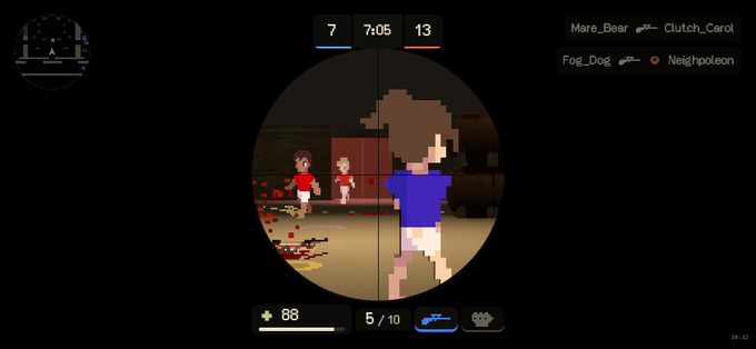 A screenshot from a first-person shooter video game showing a scoped view with a timer at 7:05, player health at 88, and ammo at 5/10, with usernames Mare_Bear, Clutch_Carol, Fog_Dog, and NeighborLeon visible.
