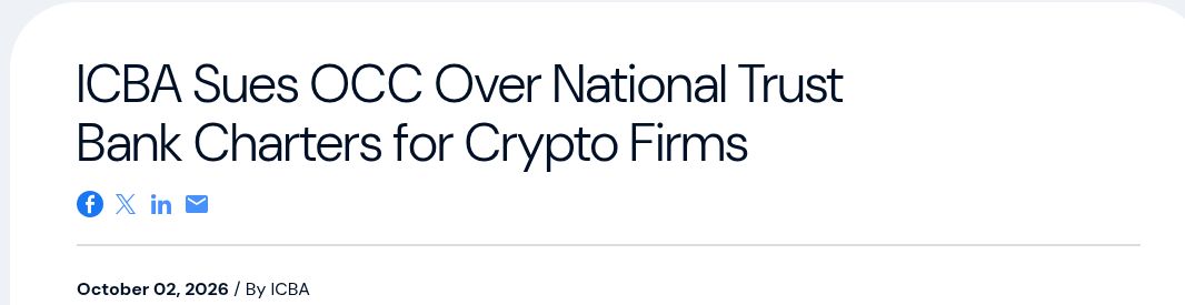 VOCTUSX's tweet photo. 🌐 BREAKING: 🇺🇸 COMMUNITY BANKS SUE OCC OVER CRYPTO BANK CHARTERS ⚖️

The Independent Community Bankers of America filed suit on October 2 against the Office of the Comptroller of the Currency, challenging its authority to grant national trust bank charters to crypto firms. The group seeks to overturn the rule and guidance supporting that pathway.

The case could affect how digital asset businesses enter federally supervised finance, with implications for custody infrastructure serving assets such as $BTC and $ETH. These limited charters do not authorize cash deposits or lending. The lawsuit is a challenge to the framework, not a court ruling revoking it.