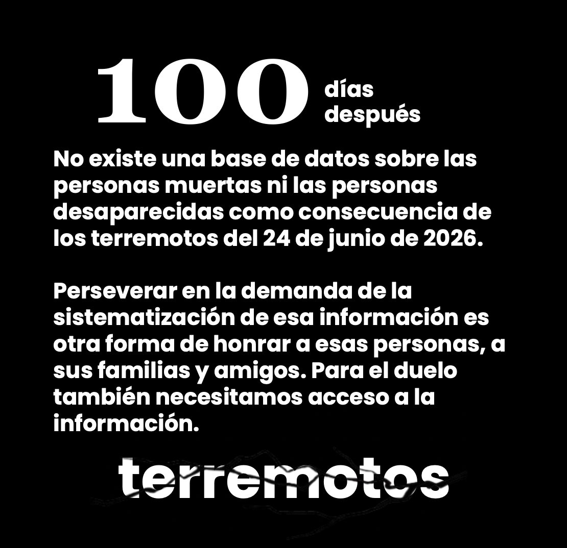 Naky's tweet photo. #100Días después de los terremotos del 24 de junio, la dictadura de facto no ha actualizado el balance oficial sobre las consecuencias de esta catástrofe, en un esfuerzo deliberado por no darle dimensión a lo que nos ocurrió.

El chavismo restante se mantiene convencido de que la realidad se modela con propaganda, justo porque no padecen las indignas condiciones de vida de la mayoría, tan desesperantes, que las protestas se aceleran a pesar de los riesgos.

No es sensato que haya más material de mercadeo de “Venezuela Renace” (vallas, franelas, chocolates, pines, etc.), que información sobre este presunto plan, qué áreas trabaja, cómo lo hace, por cuánto tiempo y sobre todo, con cuál presupuesto.

Nadie en Venezuela tiene acceso a la información sobre los recursos humanitarios de los que ha dispuesto el Poder Ejecutivo, cómo se han utilizado ni quién ha tomado las decisiones. Tampoco hay una base de datos que centralice la información sobre las víctimas, las infraestructuras afectadas, lo atendido y lo mucho que falta que por atender.

Que Dios bendiga a cada persona a la que esta tragedia le cambió la vida, y permita a quienes sobrevivieron encontrar las formas para seguir y sanar, pero hasta para procesar el dolor hace falta la verdad, el duelo no se supera con silencio 🕯️