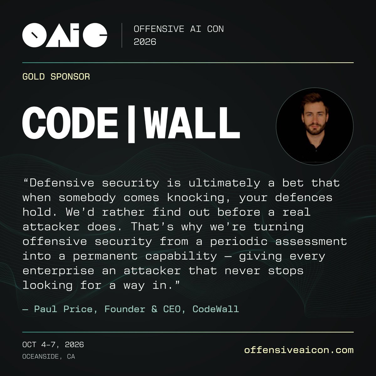 OffensiveAIcon's tweet photo. Thank you to our Gold Sponsor, @CodeWall_AI!

#OAIC #AI #OffensiveAICon @darkp0rt https://t.co/fZt69oFAX3