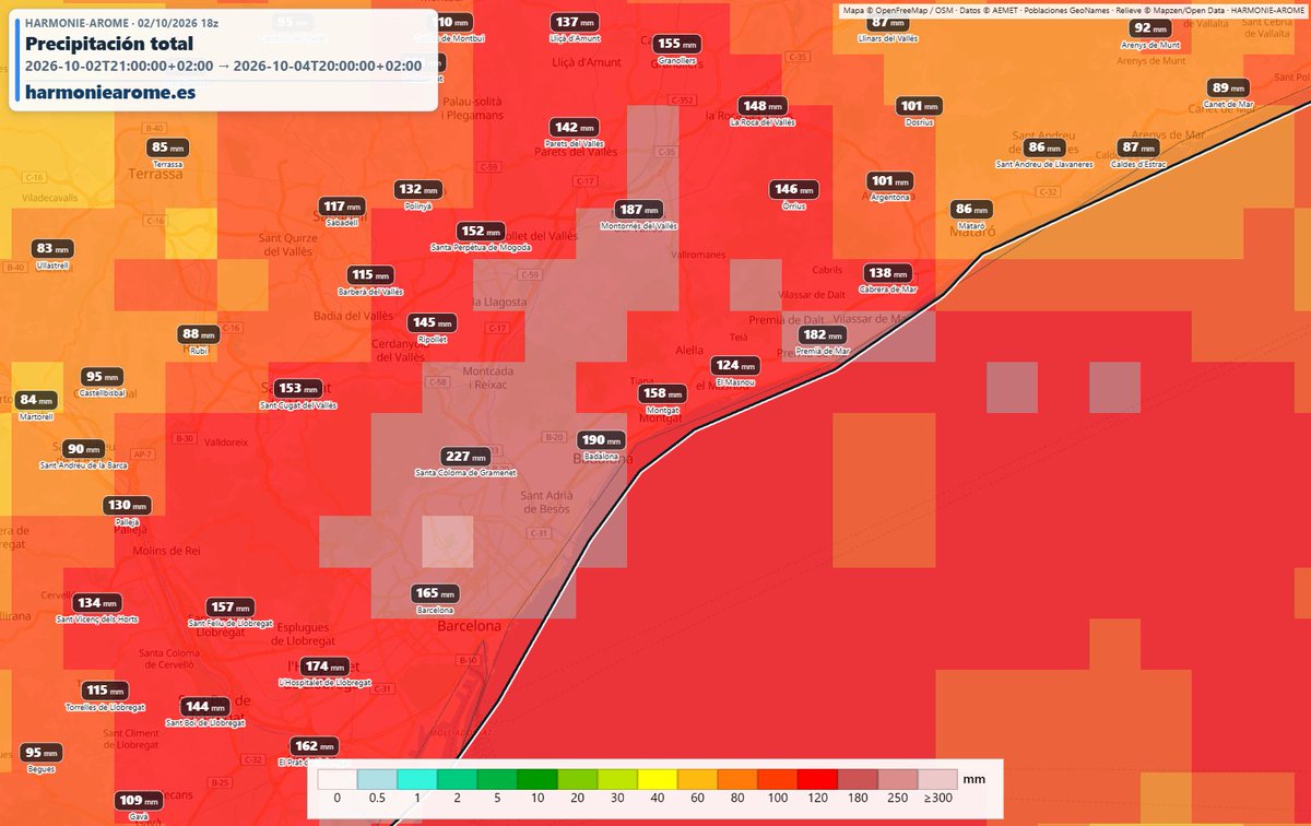 Stormyalert's tweet photo. Madre Harmonie-Arome...🌧️⚠️
El modelo a salido calentito. Posibilidad de tormentas de intensidad torrencial en gran parte del litoral y prelitoral del centro-este de Cataluña. Donde en algunos puntos de la costa brava se podrían alcanzar o superar los 250mm. Y mucho ojo Barcelona y el AMB, porque según el modelo se pueden acumularse hasta 150-200mm.
#euwx #Meteo #Weather