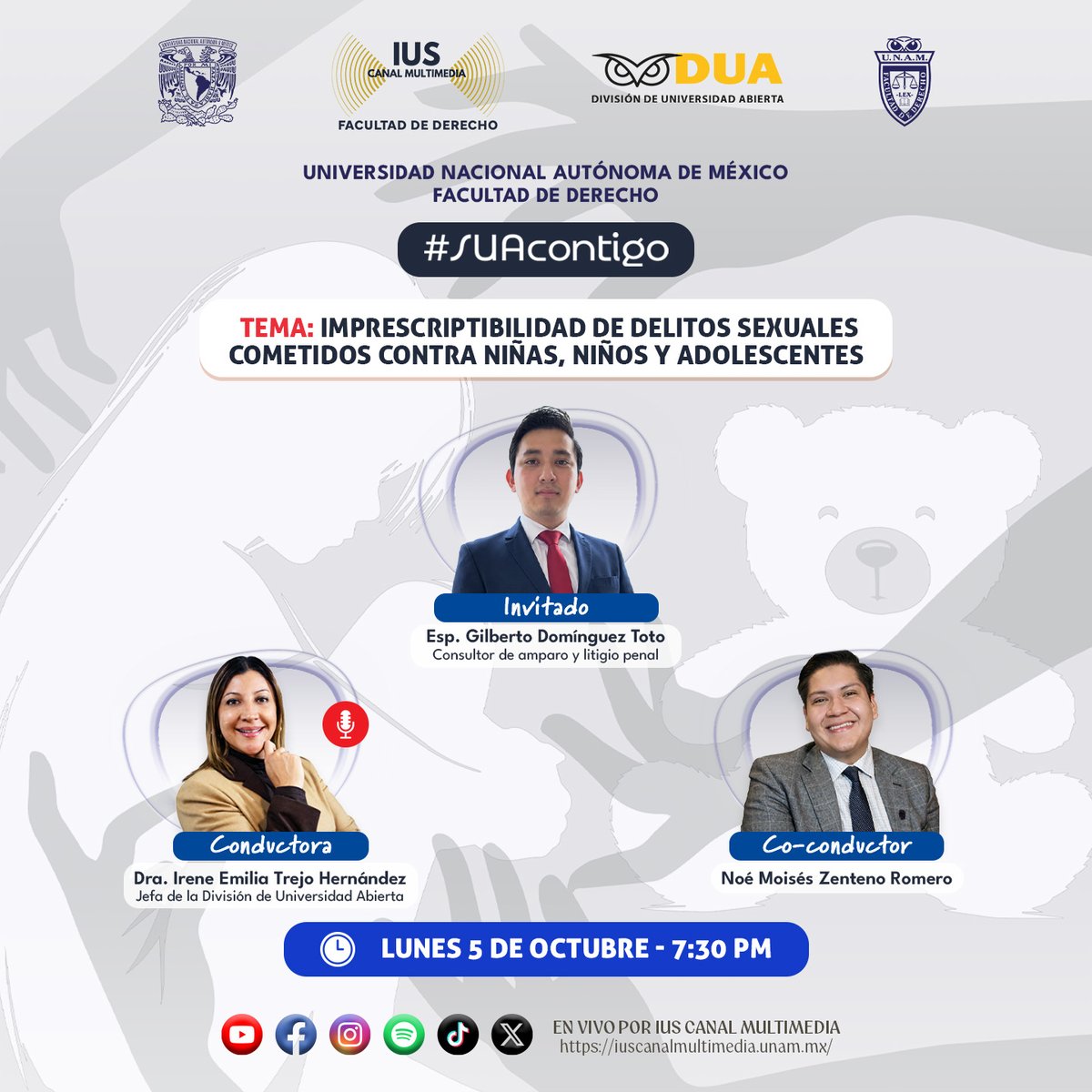 IUSCanalM's tweet photo. ¿Qué significa que un delito sexual contra niñas, niños o adolescentes sea imprescriptible? ⚖️
En #SUAcontigo hablamos sobre su alcance y su importancia para proteger a la niñez.
📅 Lunes 5 | 19:30 h
🌐 https://t.co/1bKyLf0lpg
#Imprescriptibilidad #DerechoPenal #IUS https://t.co/NhQVfO8qPv